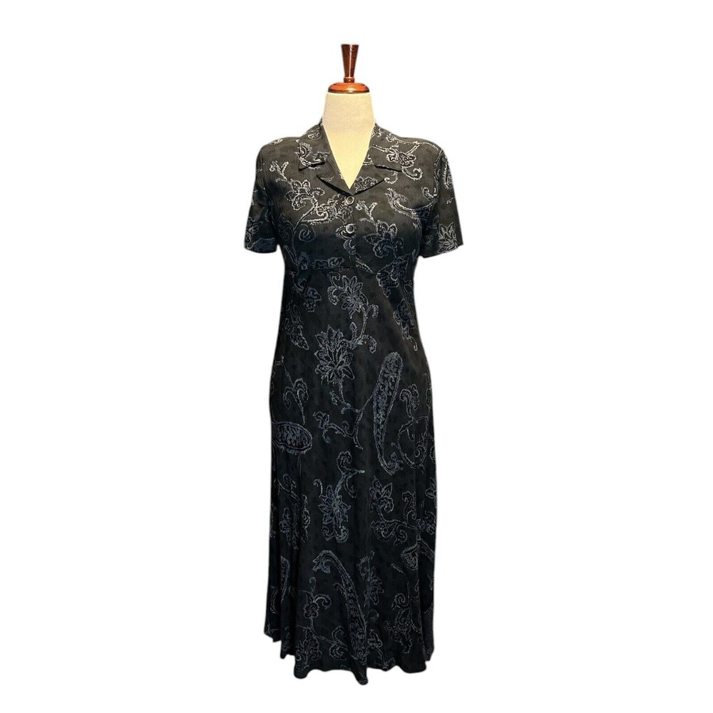 Vintage 90's Carole Little Petites Padded Short Sleeve Floral Dress Black Size 8